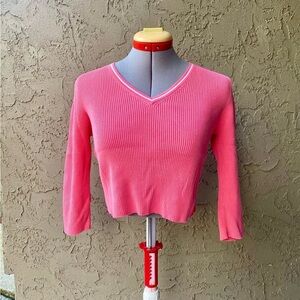 Pink Ribbed V Neck Cropped Longsleeve with White Trim